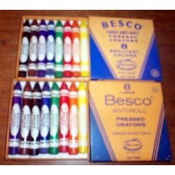 Binney And Smith 2 BESCO 8 Large Anti-Roll Pressed Crayons Boxed 1960-70's