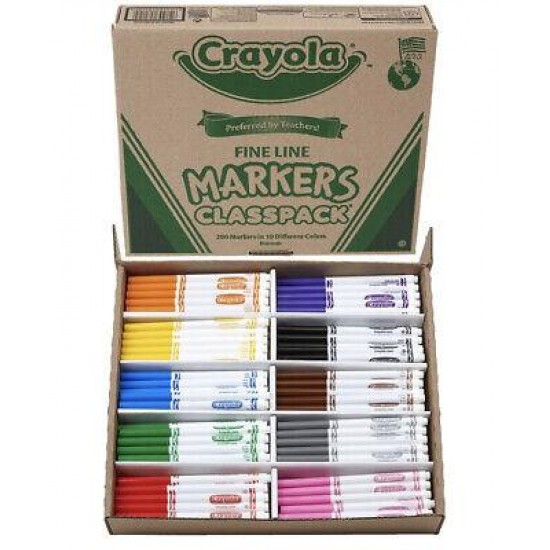 Crayola Fine Line Markers CLASSPACK 200 Ct W/extra Caps Factory Sealed